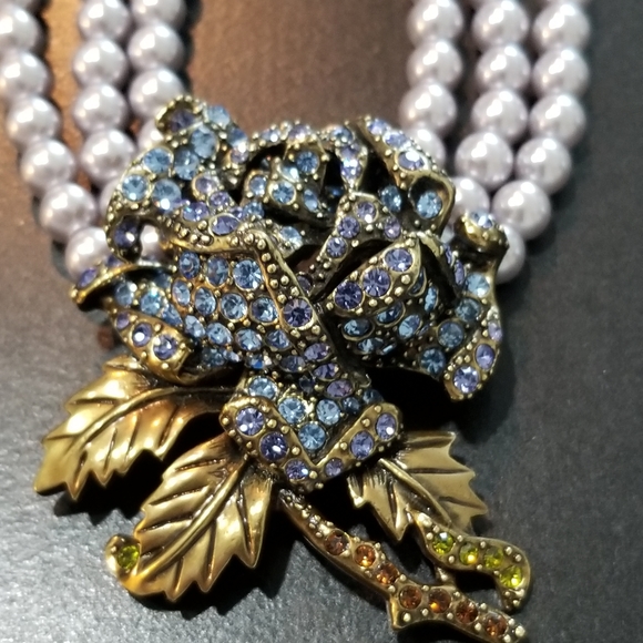 Heidi Daus Tanzanite Swarovski Crystal Rose w/ Triple Strand Blue Pearls - Picture 4 of 6